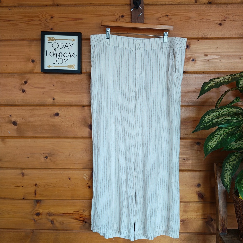 Lane Bryant Wide Leg Linen Blend Pants Tan Stripes Pocket Comfy Sz 16(40") x 27"